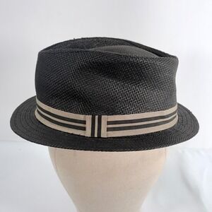 Trevero Fedora Hat Black Paper Straw Striped Band Mens Small